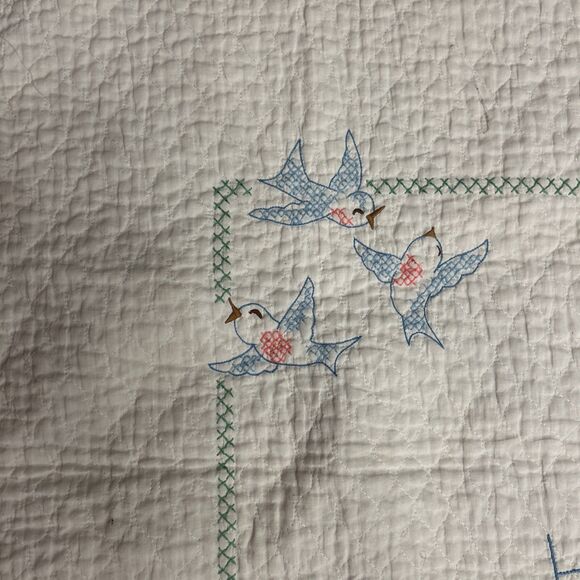 Vintage Baby Quilt Blanket Handmade Embroidered Chip & Dale Store Nuts Mushrooms - Picture 5 of 12